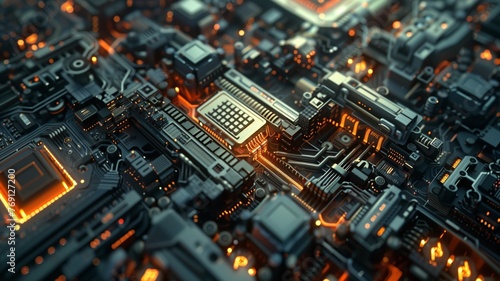 Highly detailed technology texture, AI supercomputer Chrome, insane level of detail throughout circuitry, cinematic depth of field, high contrast lighting, CPU and GPU , circuits interconection.