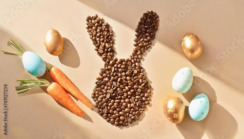 trendy composition with easter bunny shape made of coffee roasted beans easter eggs in pastel colors and carrot creative realistic art minimal aesthetic look contemporary style top view flat lay