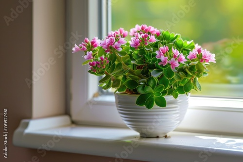 Crassula Flowerpot on Windowsill. A Green Plant Growing on Sill for Spring and Summer  Symbolising Money and Growth