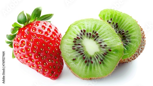 Closeup Photo of Ripe Strawberry and Green Kiwi, Delicious Berry Isolated on White Background