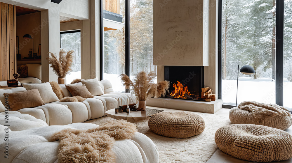 Scandinavian Winter House. Modern Winter Interior - obrazy, fototapety, plakaty 