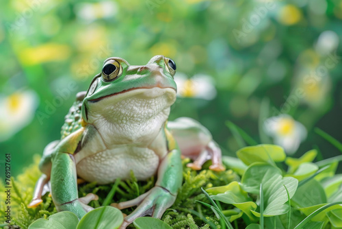 A frog poses for a portrait in a studio with a solid color background during a pet photoshoot.  
