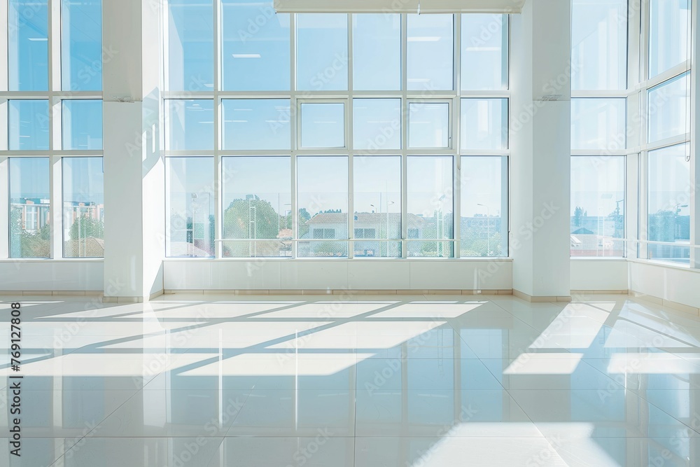 Fototapeta premium Spacious Office with Big Window: Bright and Airy Work Space with Natural Light, White Walls, and Clean Interior Flooring
