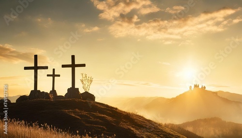 christian easter scene he is risen mount calvary and three silhouettes of crosses at sunrise banner for easter #769127816