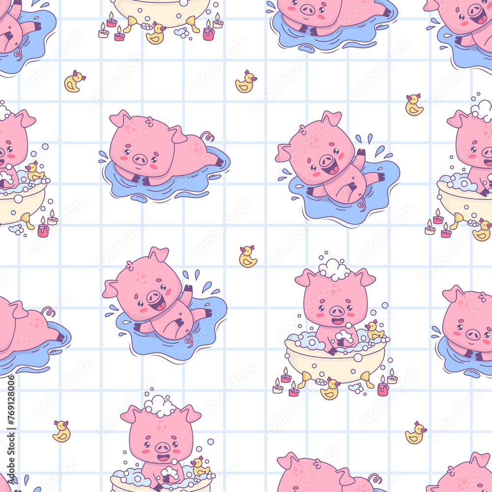 Obraz premium Seamless pattern with happy bathing pigs