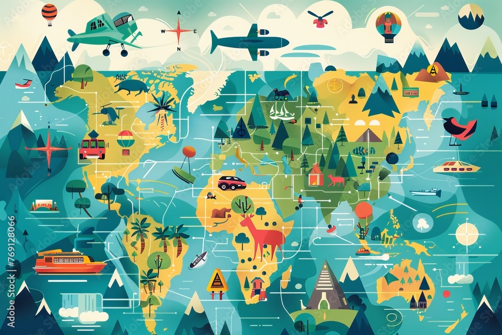 A map illustration that highlights different locations and incorporates pictures of famous sites, outdoor pursuits, and diverse forms of transportation to capture the essence of travel and exploration