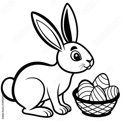 Find your Easter egg, cute rabbit finding Easter eggs in clean line art for coloring pages, black lines, no shadow, no color silhouette vector art Illustration