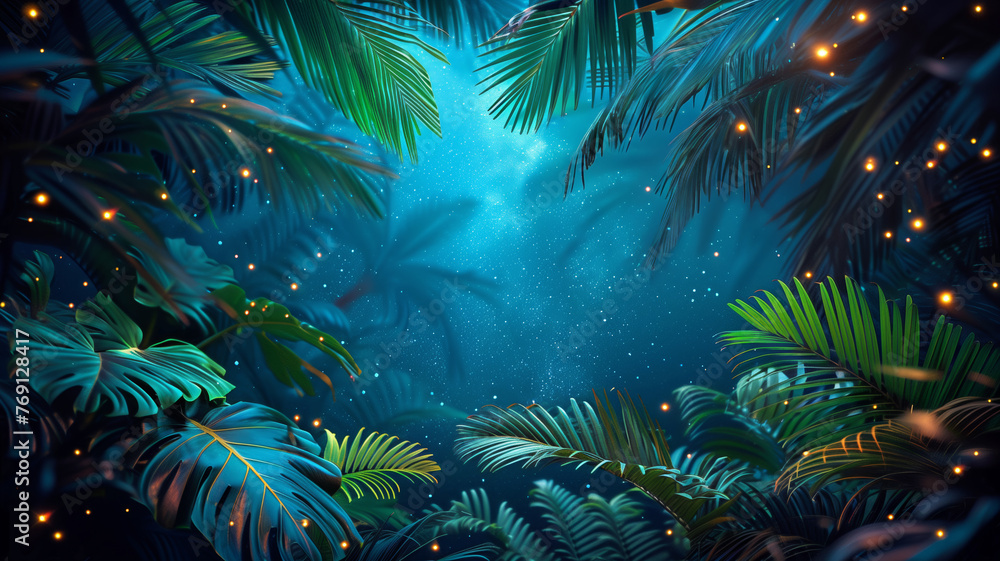 Fototapeta premium Starry sky peeking through a canopy of lush palm leaves at night