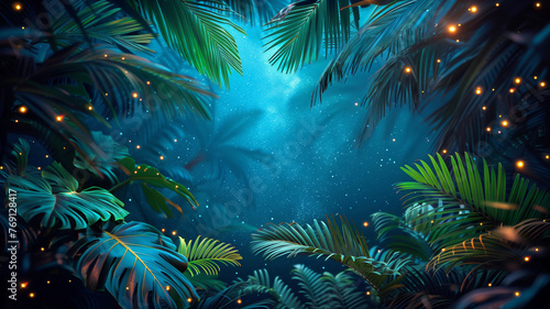 Starry sky peeking through a canopy of lush palm leaves at night