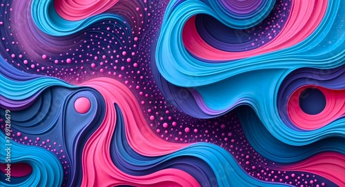 colorful abstract texture of smooth curves of blue, pink and purple colors, 3D, the background is dotted with small pink dots