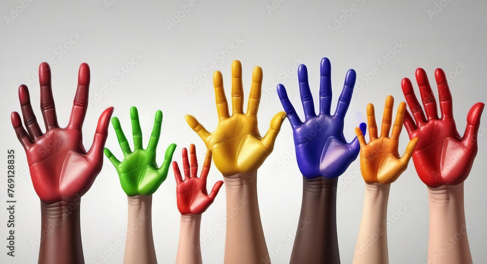 seven palms smeared with red, green, yellow, blue paints. A symbol of the diversity of people of different ethnic groups and different children in the family seven palms smeared with red, green, yellow, blue paints. A symbol of the diversity of people of different ethnic groups and different children in the family