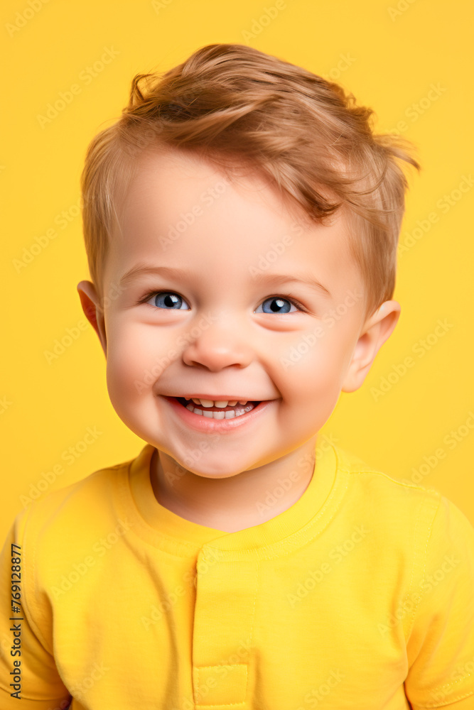 Smiling Boy on Yellow Background. Smiling Toddler with Blue Eyes Smiling Boy on Yellow Background. Smiling Toddler with Blue Eyes
