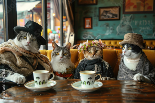 Obraz na płótnie A cat enjoys a human-like gathering at a bar.
w salonie