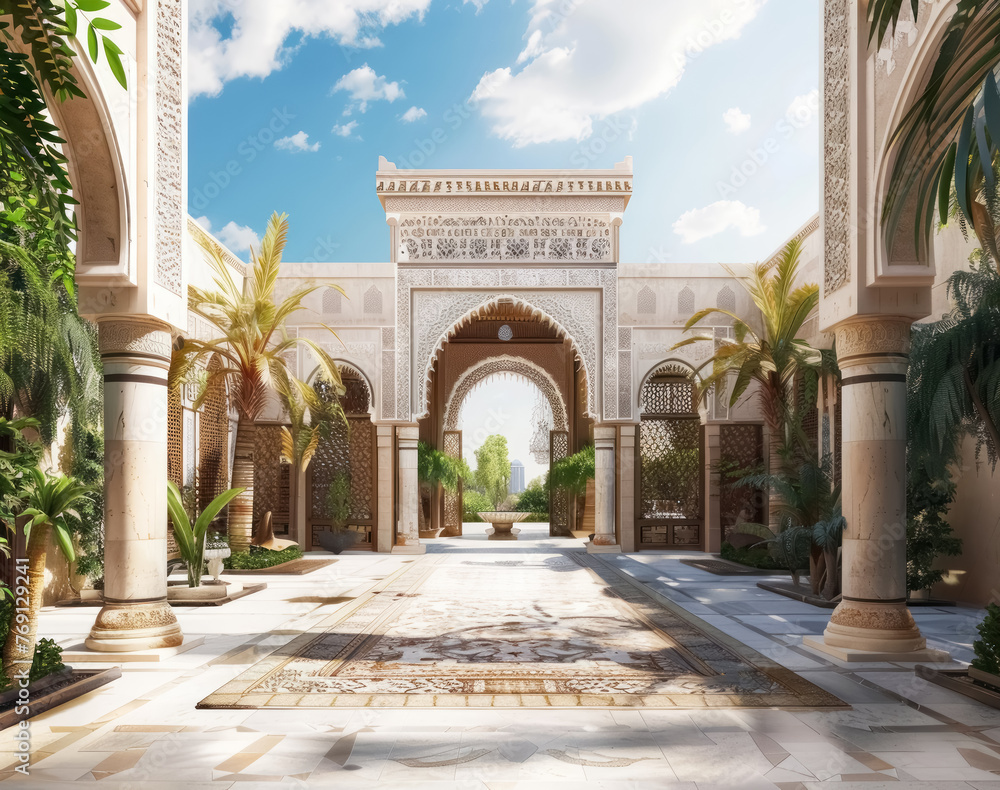 luxurious palace entrance with beautiful architecture and landscape