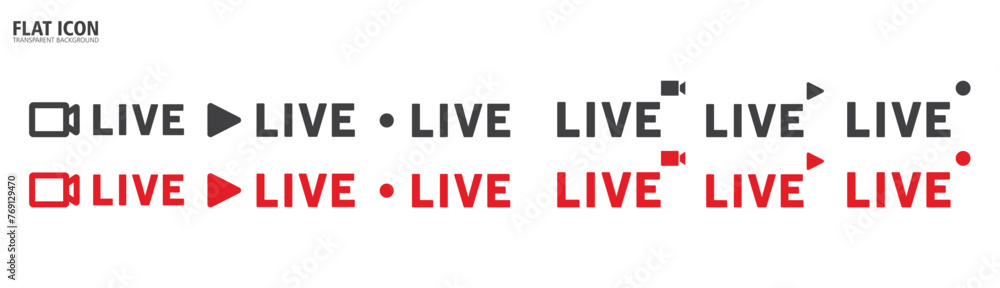 Obraz premium Live symbol, Set of live streaming icons. Flat icon and buttons of live streaming, broadcasting, online stream. Live vector icon in transparent background.