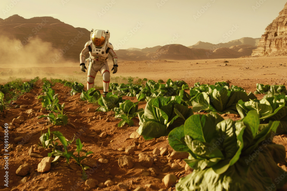 Human settlers on Mars cultivate vegetables for sustainable living.