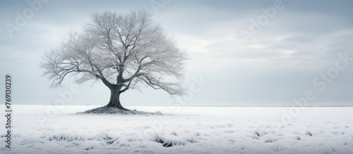 A peaceful winter scene showing a lone tree in a snowy field under a clear sky © pngking