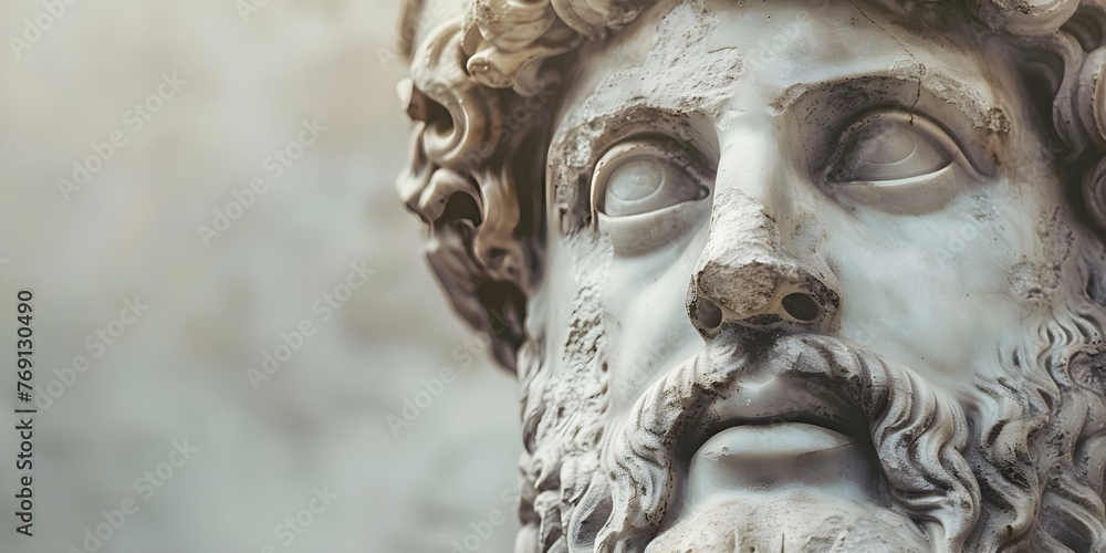 Ancient Roman statue of a god with a strong stern expression showcasing power and history. Concept Ancient Art, Roman Sculpture, Classical History, Powerful Gods, Stern Expression - obrazy, fototapety, plakaty 