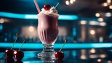 A delectable cherry milkshake topped with whipped cream, set against a vibrant neon blue backdrop in a modern diner setting