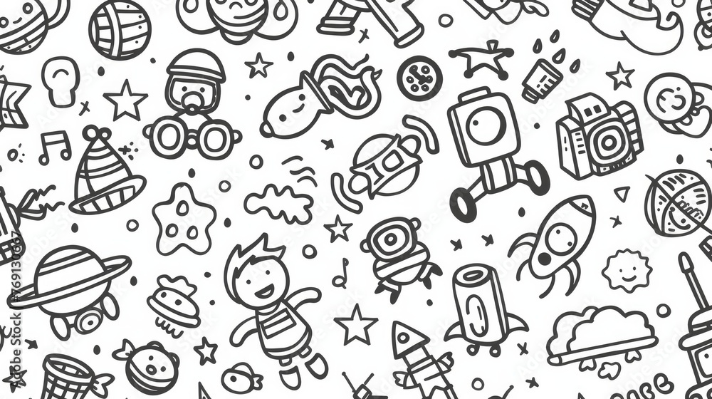 A playful and seamless hand-drawn doodle pattern filled with assorted toys