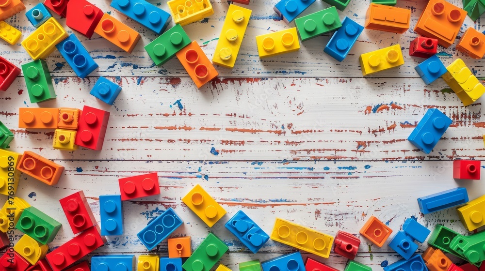 A vibrant display of multicolor toy bricks spread out on a white wooden background A vibrant display of multicolor toy bricks spread out on a white wooden background