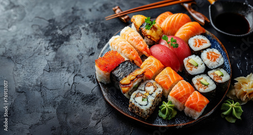 Assorted Sushi Platter on Dark Stone Background