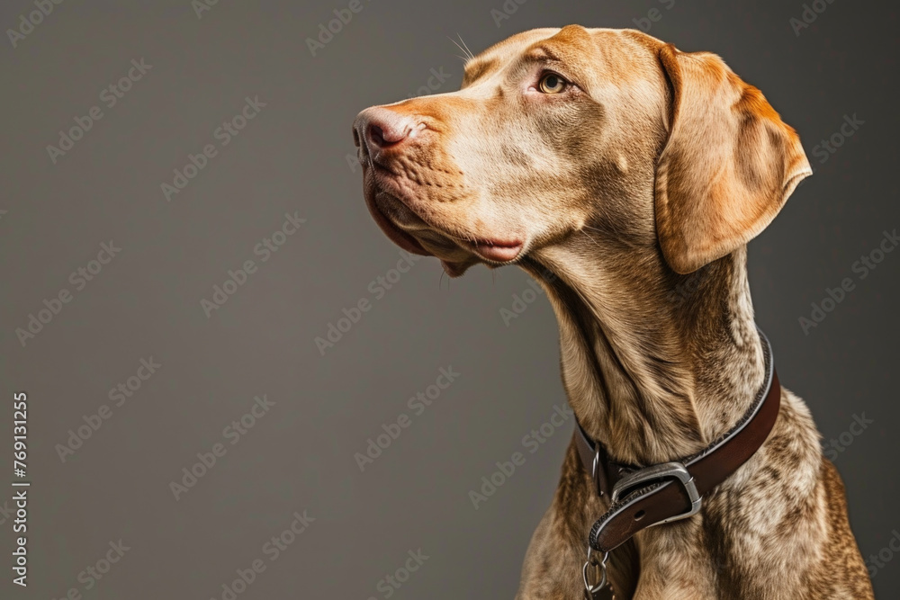 A purebred dog poses for a portrait in a studio with a solid color background during a pet photoshoot.
A purebred dog poses for a portrait in a studio with a solid color background during a pet photoshoot.