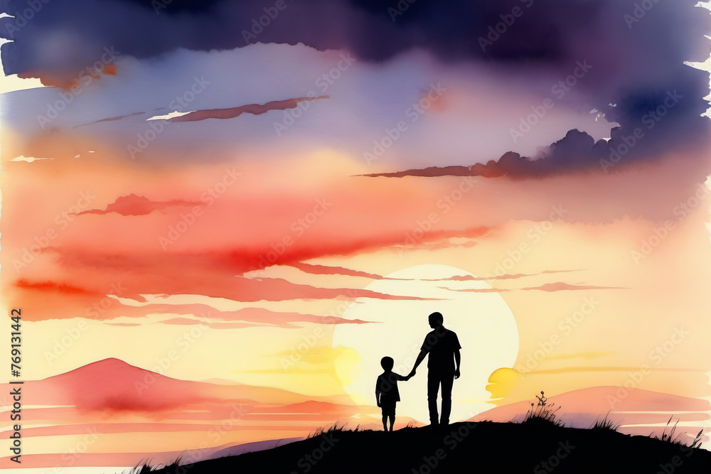 Silhouette watercolor man and child walking outdoors, Father's Day concept, relationship with child, congratulations, poster, banner, copy space.