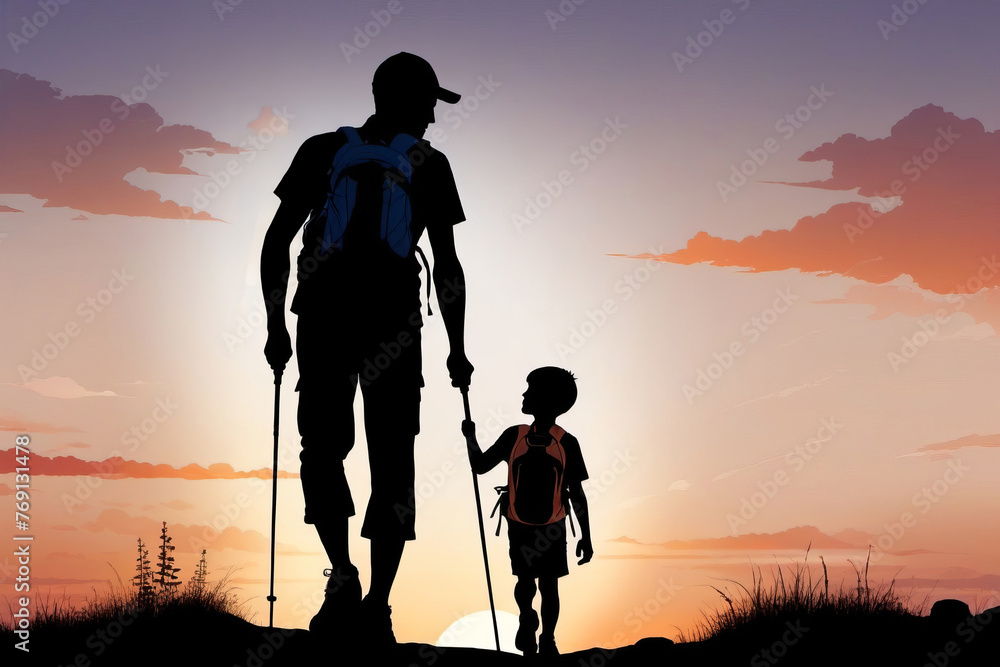 Silhouette man and child walking outdoors, Father's Day concept, relationship with child, congratulations, poster, banner, copy space.