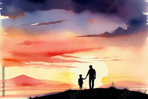 Silhouette watercolor man and child walking outdoors, Father's Day concept, relationship with child, congratulations, poster, banner, copy space. © Plutmaverick