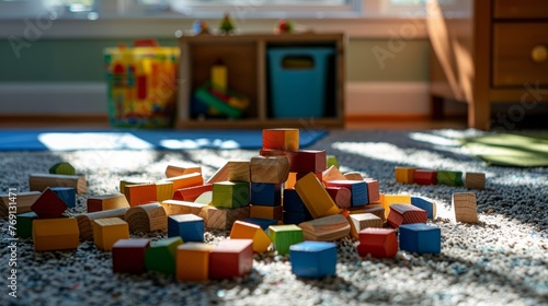 Sunlight fills the playroom, casting a warm glow over colorful wooden toy