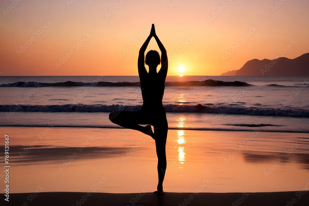 Silhouette of a woman practicing yoga on the beach at sunset. Healthy lifestyle concept, poster, banner, copy space.