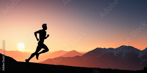 Silhouette of a man running in the mountains at sunset. Healthy lifestyle concept  poster  banner  copy space.
