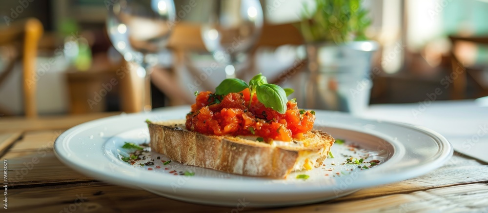 Carbonara bread with tomato sauce on plate Carbonara bread with tomato sauce on plate
