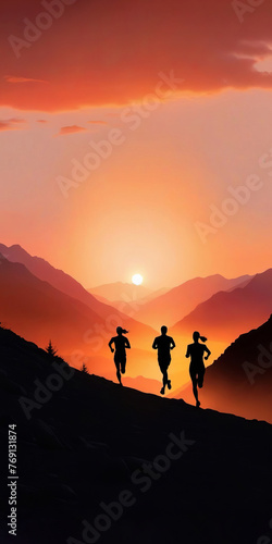 Silhouette of man and woman running in the mountains at sunset. Healthy lifestyle concept, poster, banner, copy space.