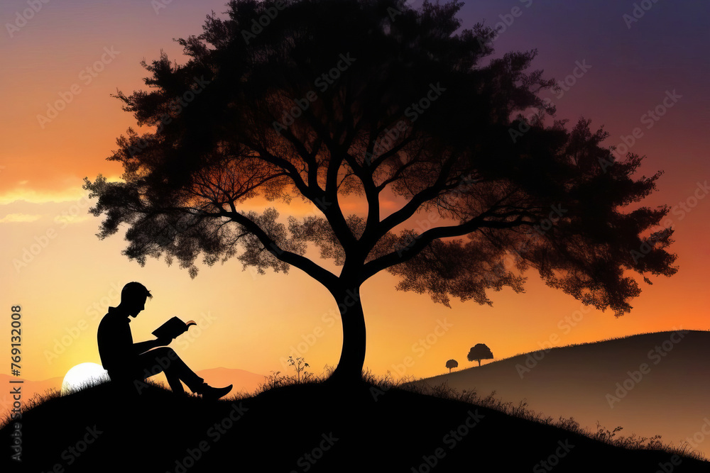 Silhouette of a boy reading a book outdoors at sunset. Concept Book Day, poster, copy space.