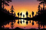 Silhouette of a family going hiking. Family values, vacation, lifestyle, banner, poster.