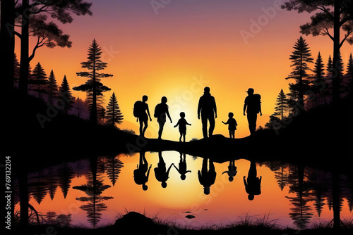 Silhouette of a family going hiking. Family values, vacation, lifestyle, banner, poster. © Plutmaverick