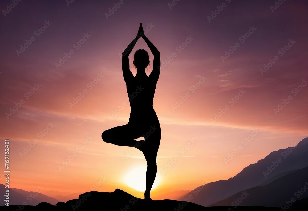 Silhouette of a woman practicing yoga in the mountains at sunset. Healthy lifestyle concept, poster, banner, copy space.