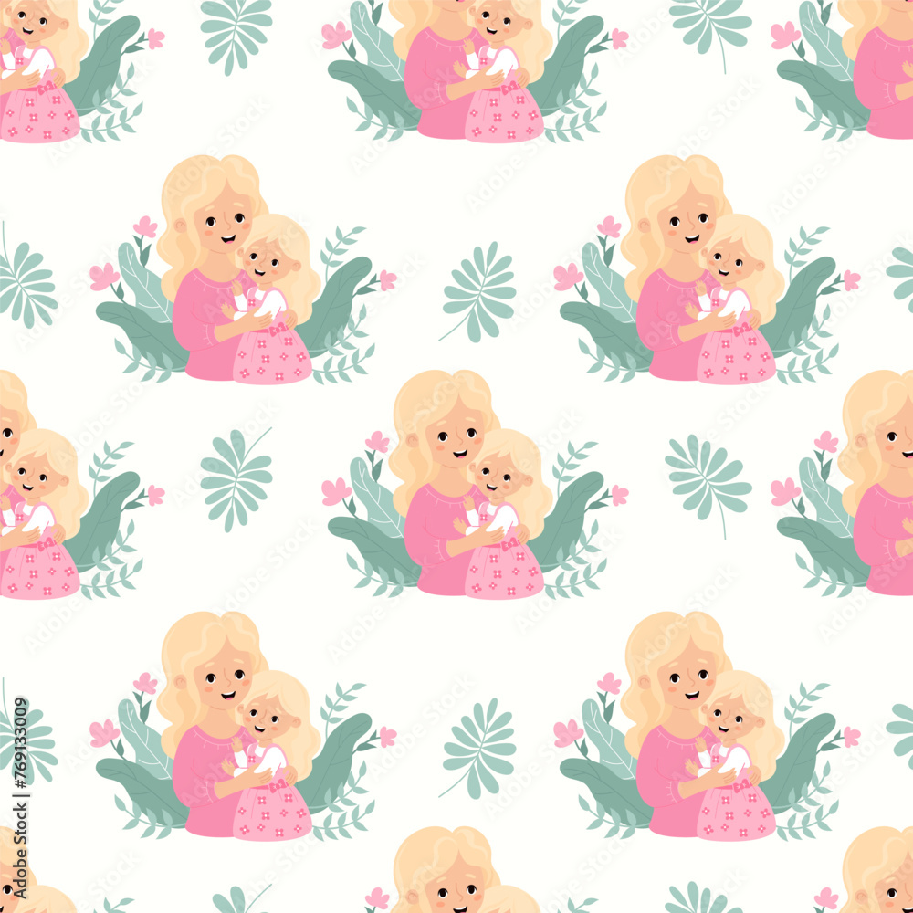 Seamless pattern with blonde woman mother with fair-haired daughter in pink on white background. Blonde Day, Mothers Day holiday. Vector illustration