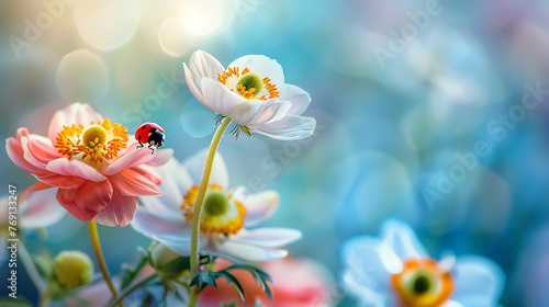 Beautiful flowers anemones and ladybug in spring nature outdoors against blue sky, macro, soft focus. Generative Ai © Handz