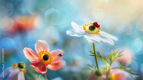 Beautiful flowers anemones and ladybug in spring nature outdoors against blue sky, macro, soft focus. Generative Ai © Handz