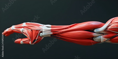 Detailed 3D model of a mans forearm muscles showcasing complexity and strength in the anatomical region. Concept Anatomy, Forearm Muscles, Strength, 3D Model, Detailed photo