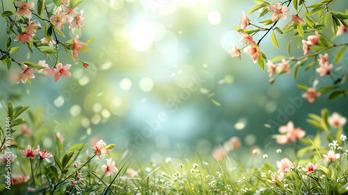 twigs with blossoms in white spring frame in front of a meadow with warm light