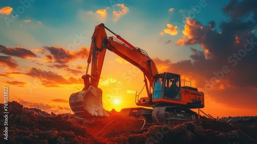 Big excavator working at a construction site at sunset created with Generative AI