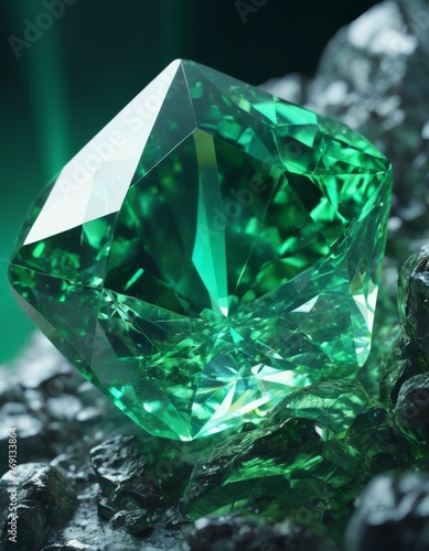 A magnificent emerald gemstone with rich green tones  meticulously cut and resting on a cluster of crystalline structures.