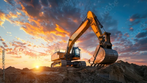 Big excavator working at a construction site at sunset created with Generative AI