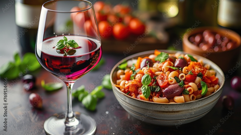 a bowl of pasta salad next to a glass of red wine and a bottle of wine on a wooden table.