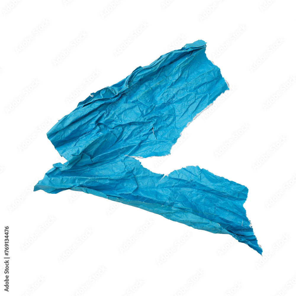 Rough blue crumpled paper isolated on transparent background