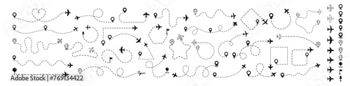 Plane path with location pins vector illustration. Airplane routes set. Plane route line. Plane paths. Aircraft tracking  planes  travel  map pins  location pins